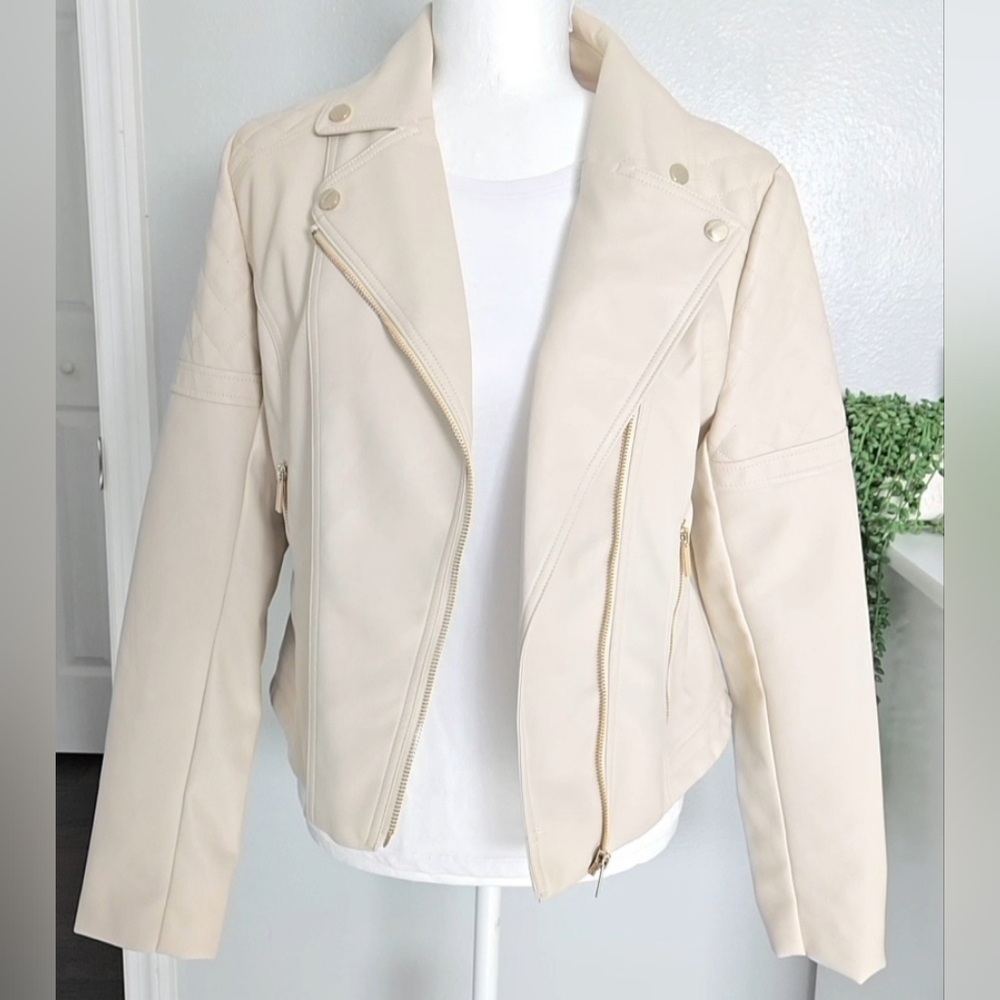 New York & Company Cream Faux Leather Moto Jacket Size S